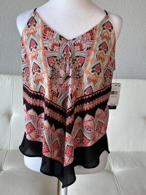 BCX Paisley Print Spaghetti Strap Camisole Blouse in Black and Pink